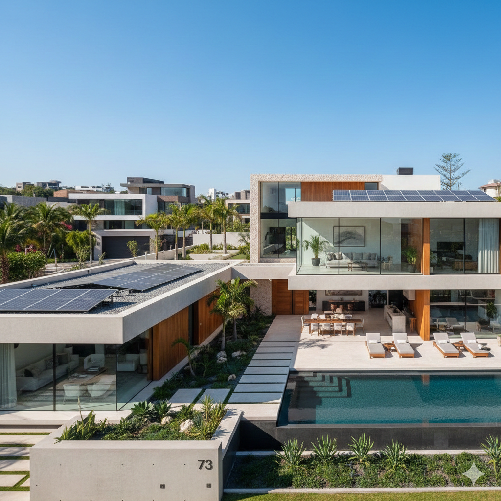 Casa de lujo en venta con arquitectura moderna, áreas verdes y paneles solares instalados para ahorro de energía