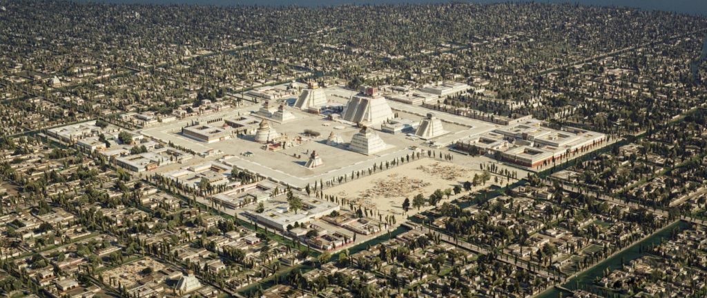 Vista de la antigua Tenochtitlan, ciudad mexica con canales, calzadas y templos construidos sobre el lago de Texcoco.