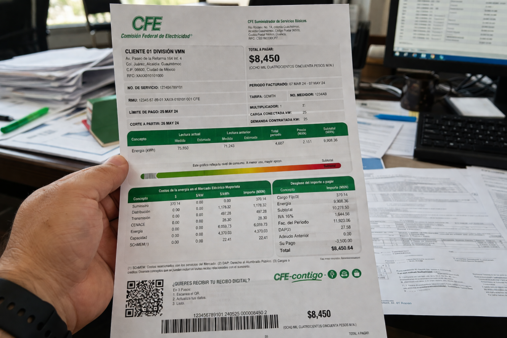 Recibo de luz CFE con total de 8450 pesos sostenido en una oficina con documentos y computadora al fondo